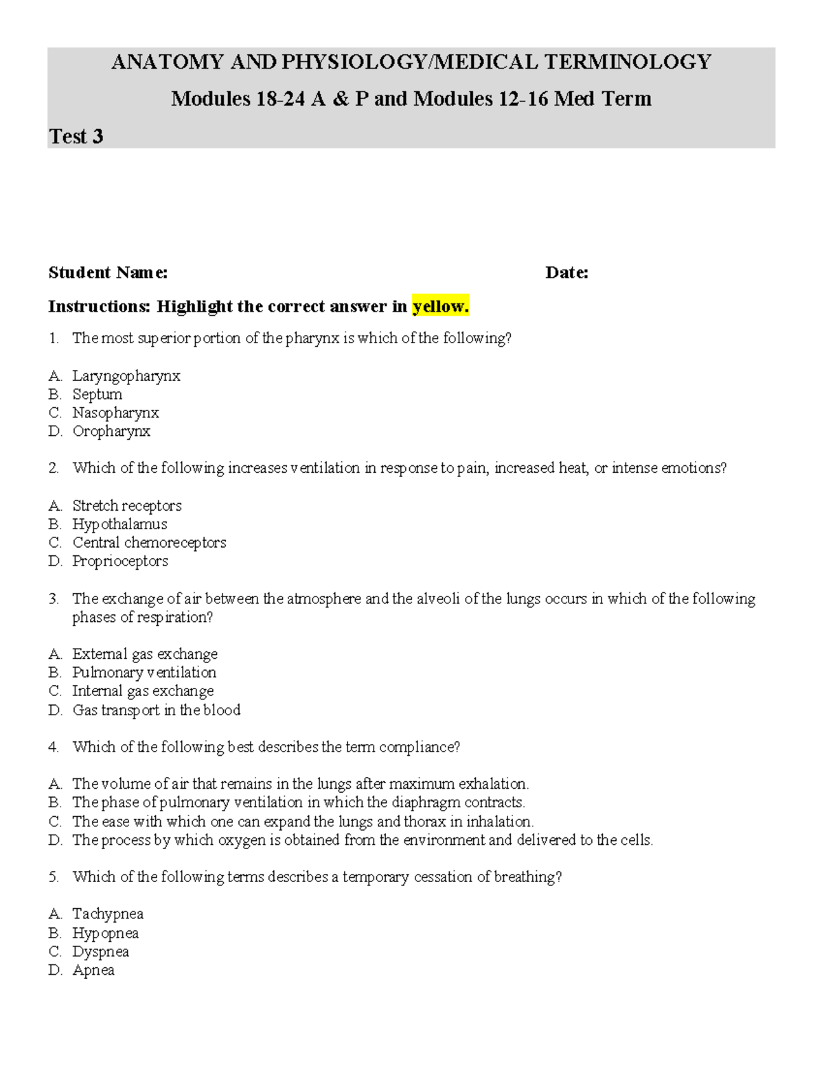 Test 3: Anatomy & Physiology and Medical Terminology Review - Studocu