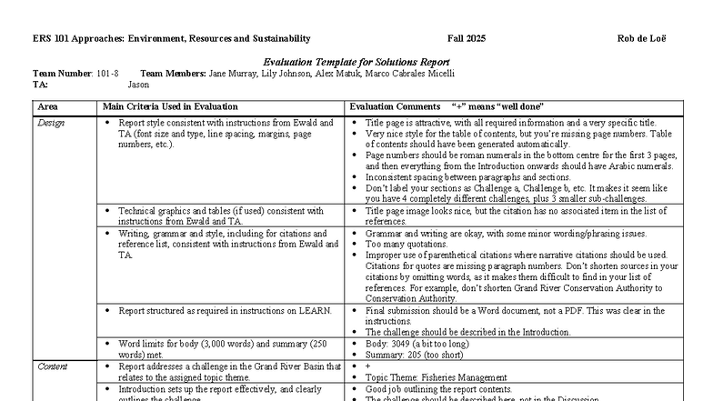 ERS 101 Solutions Report Evaluation: Environment & Sustainability Fall ...