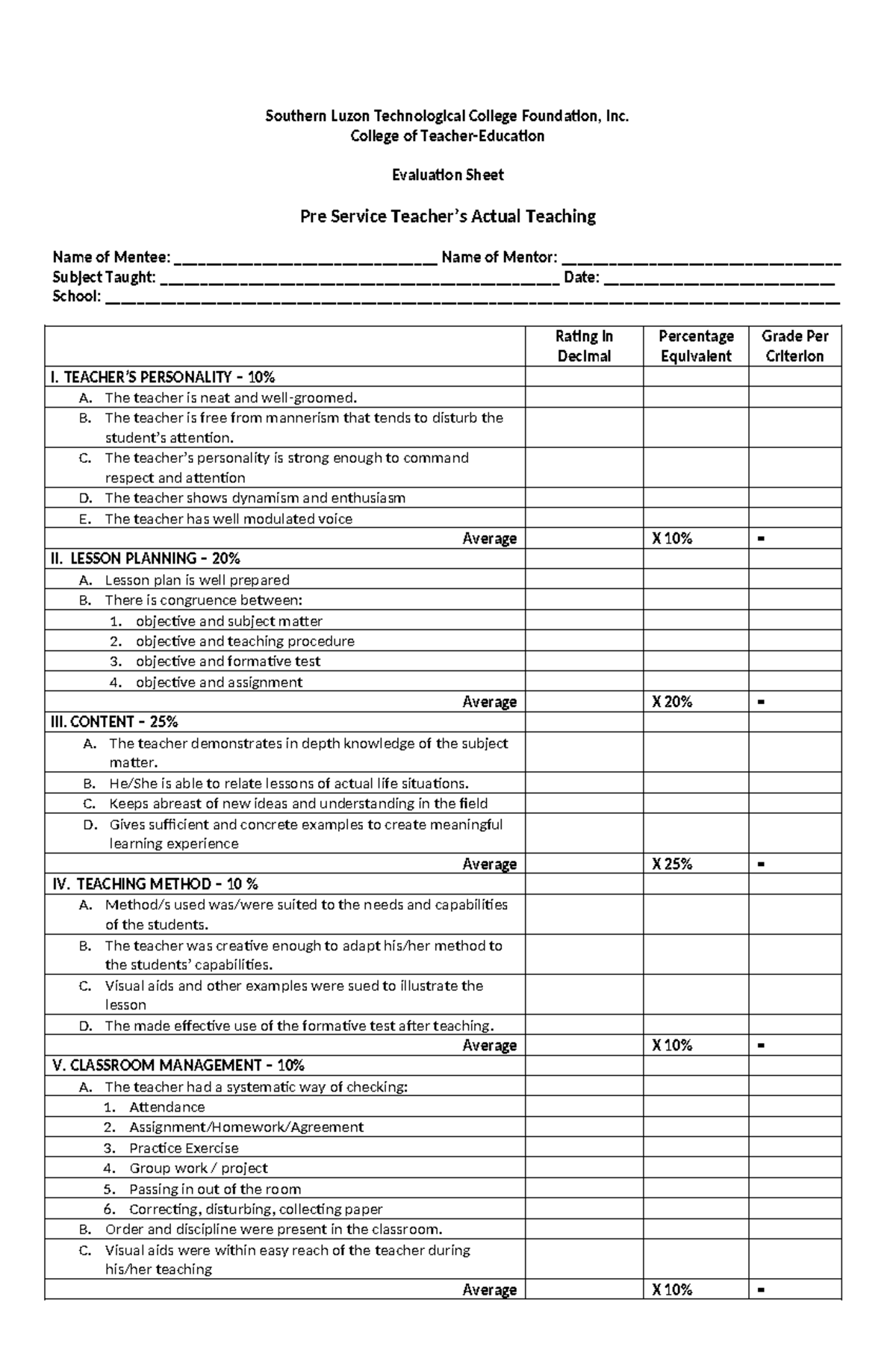 Pre Service Teacher's Evaluation Sheet - Southern Luzon Technological ...