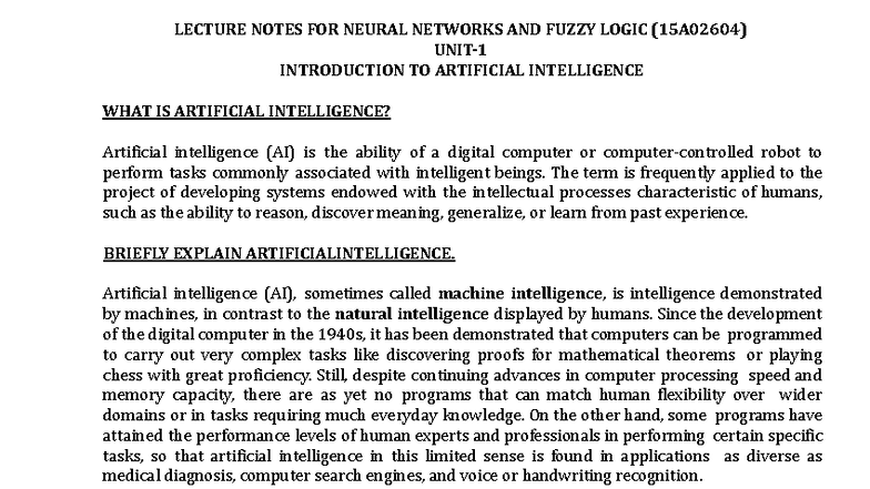 LECTURE NOTES ON NEURAL NETWORKS AND FUZZY LOGIC (15A02604) - Studocu