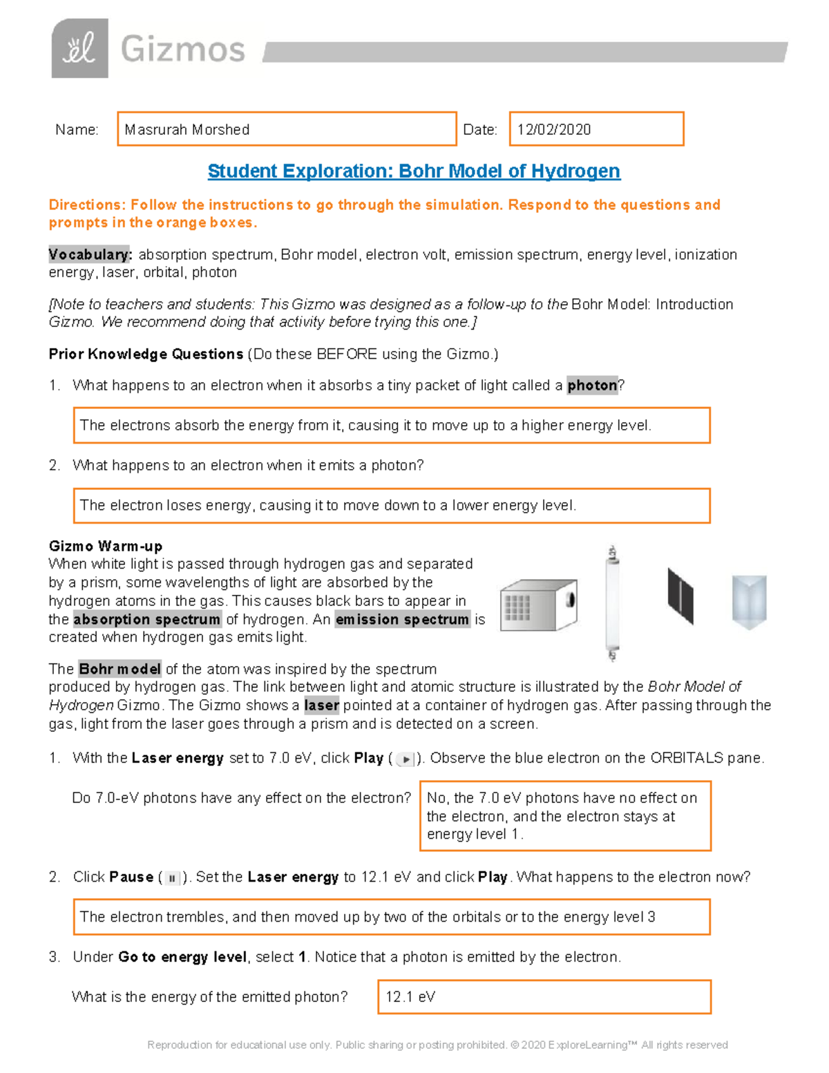 Bohr Model of Hydrogen SE 1: Exploration and Activity Guide - Studocu
