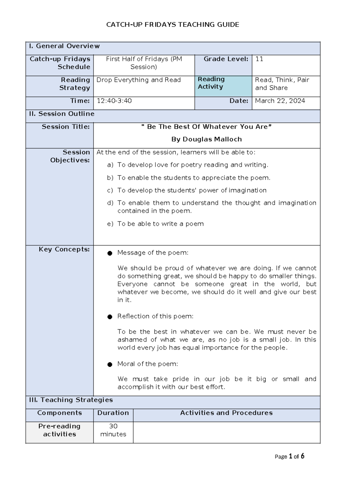 Mar 22 DEAR English 11 Catch-up Friday Lesson Plan: Poetry Focus - Studocu