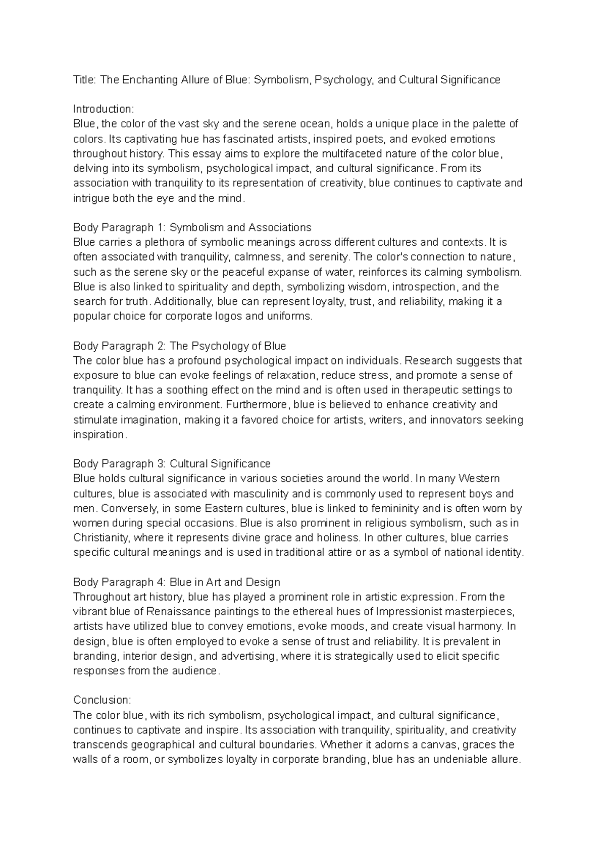 BLUE - Essay on The Symbolism and Significance of the Color Blue - Studocu