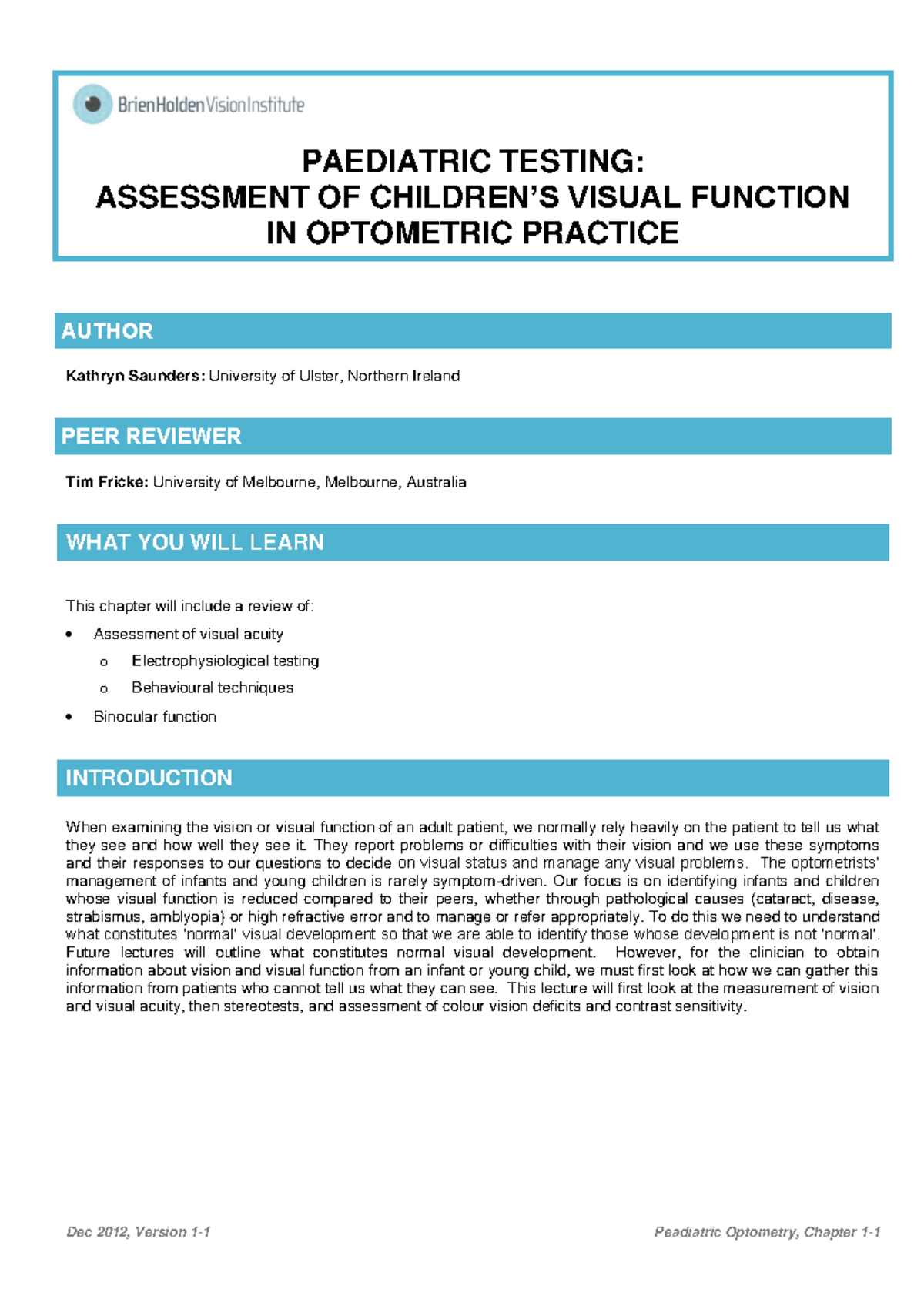 PAEDIATRIC OPTOMETRY: Visual Function Assessment Techniques - Studocu
