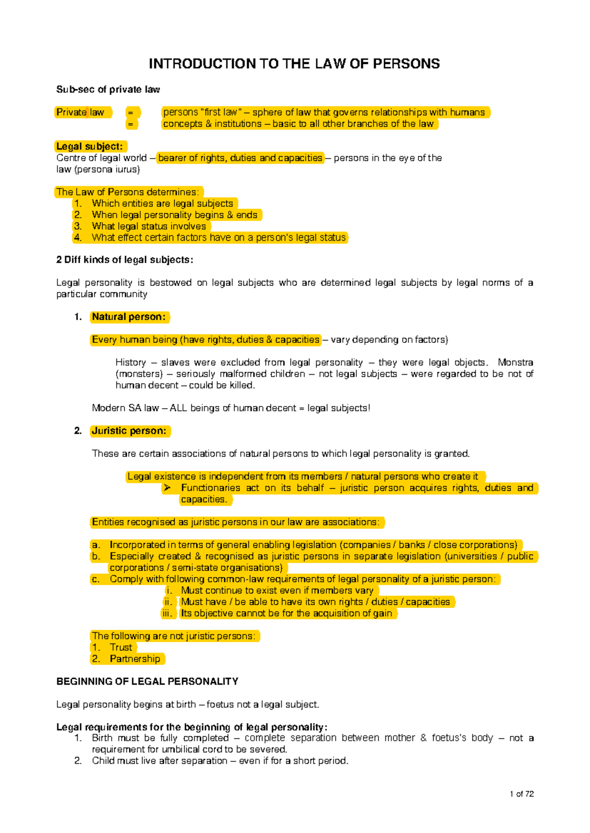 PVL1501 - Summary Notes on Law of Persons and Legal Personality - Studocu