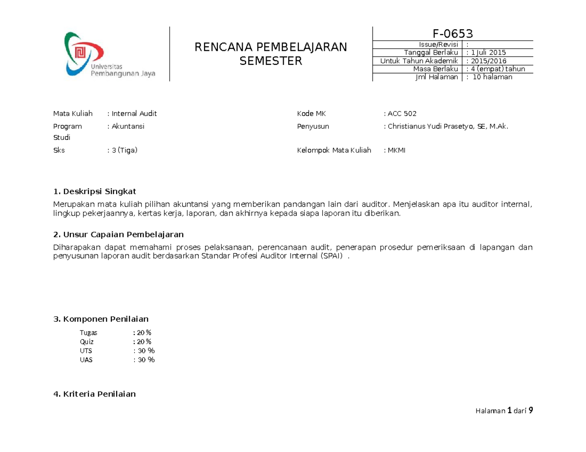 Rencana Pembelajaran Semester (RPS) ACC 502: Audit Internal - Studocu