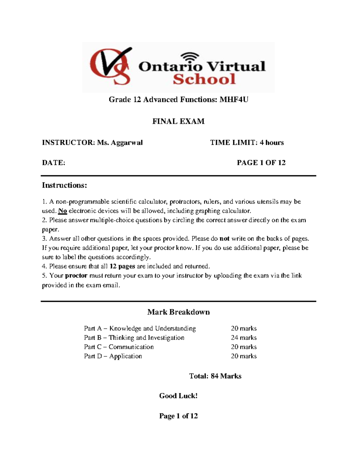 MHF4U Grade 12 Advanced Functions Final Exam Instructions and Questions ...