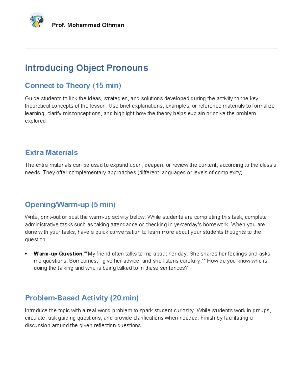 ENG 101: Introducing Object Pronouns - Theory & Activities Guide - Studocu