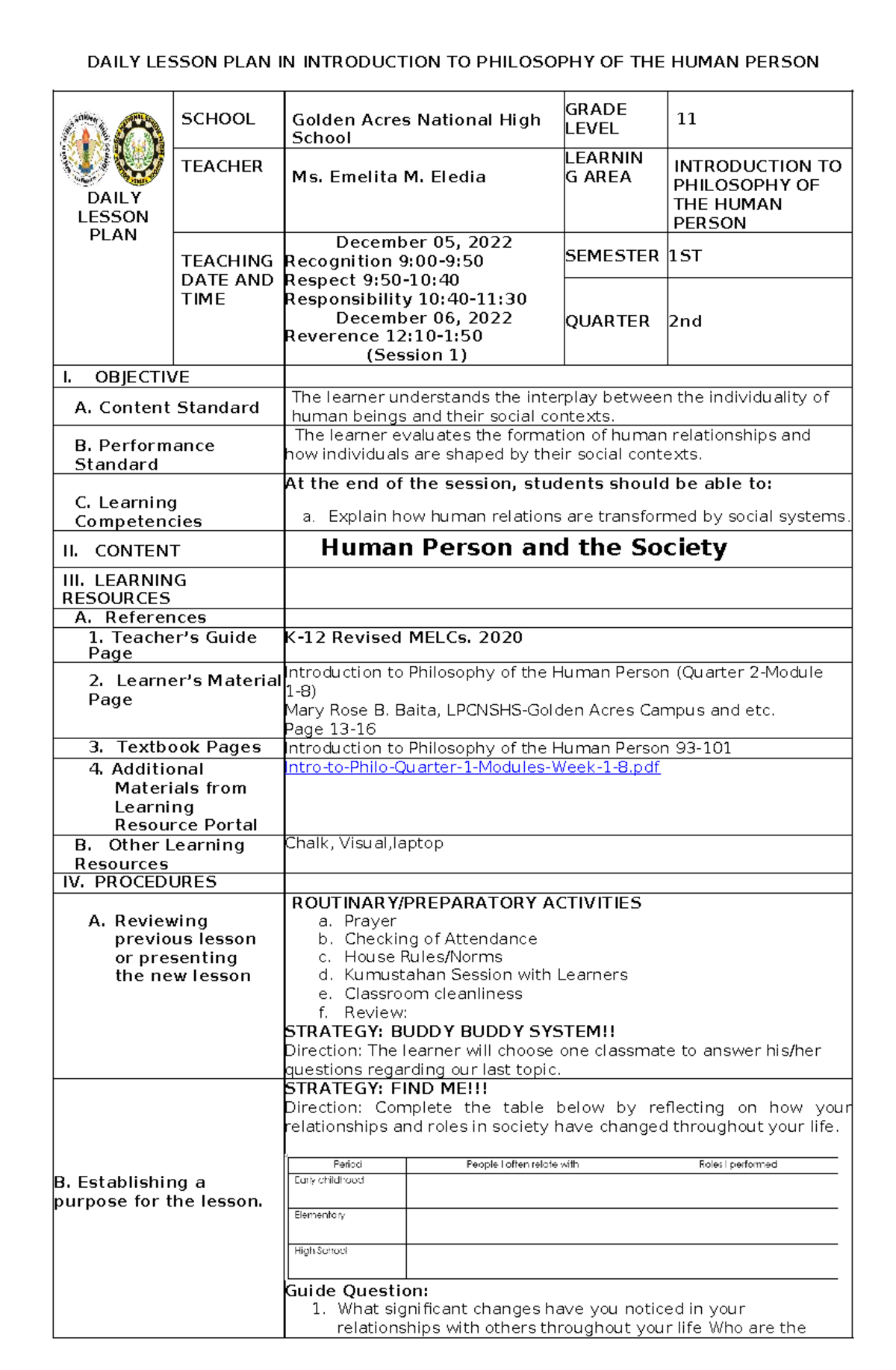 DAILY LESSON PLAN: INTRODUCTION TO PHILOSOPHY OF THE HUMAN PERSON (11 ...