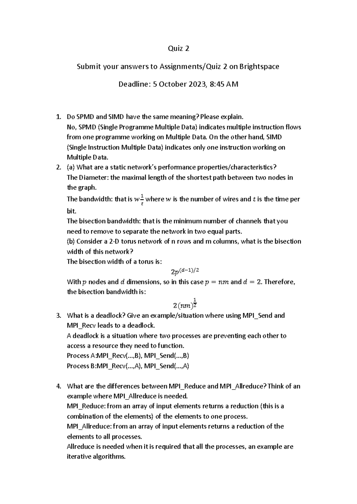Quiz 2 - 2023: Key Concepts in Parallel Processing and MPI - Studeersnel