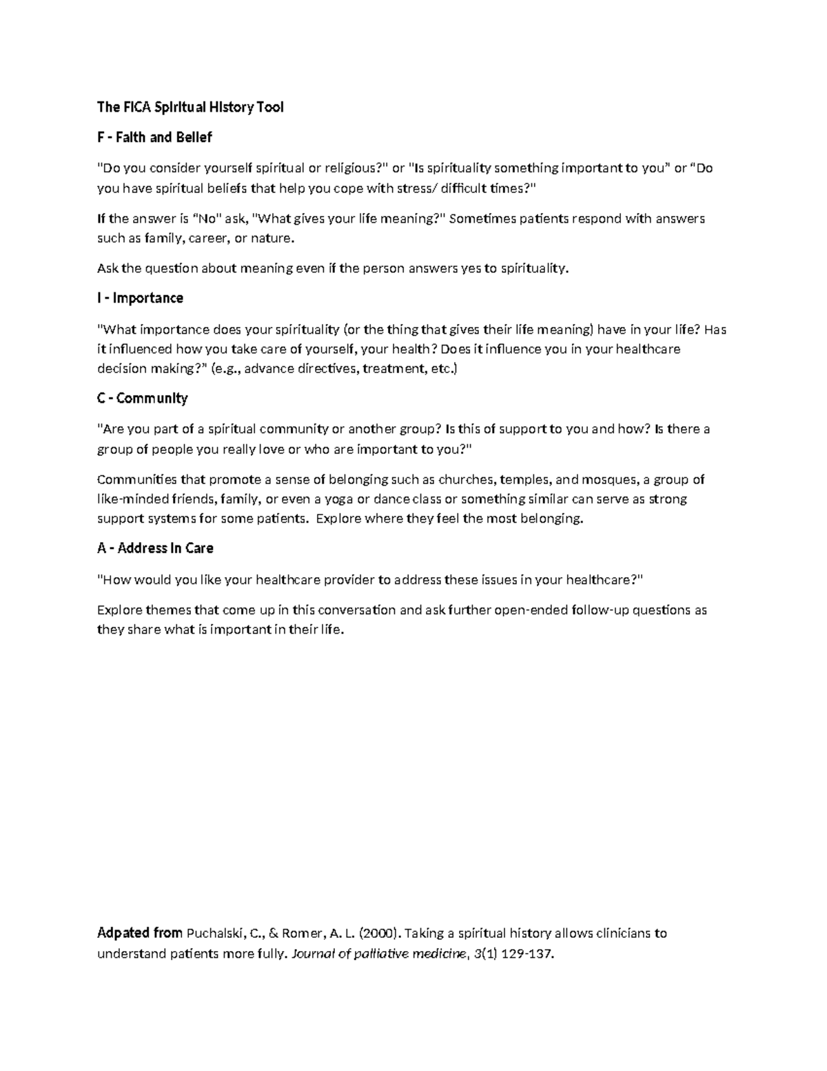 Adapted FICA Tool for Spiritual History in Home Health Care - Studocu