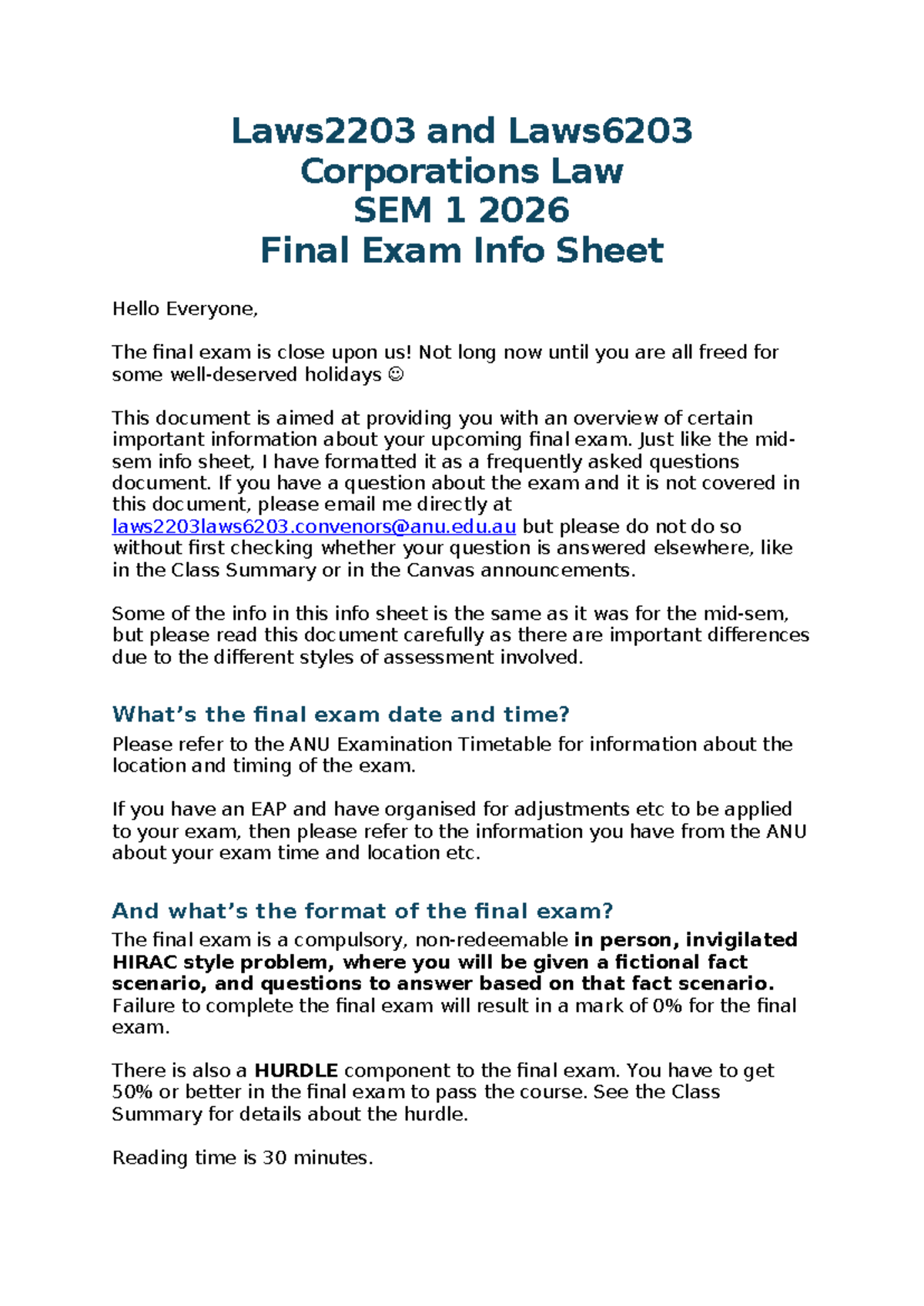 Laws2203 & Laws6203 Corporations Law SEM 1 2026 Final Exam Guide - Studocu