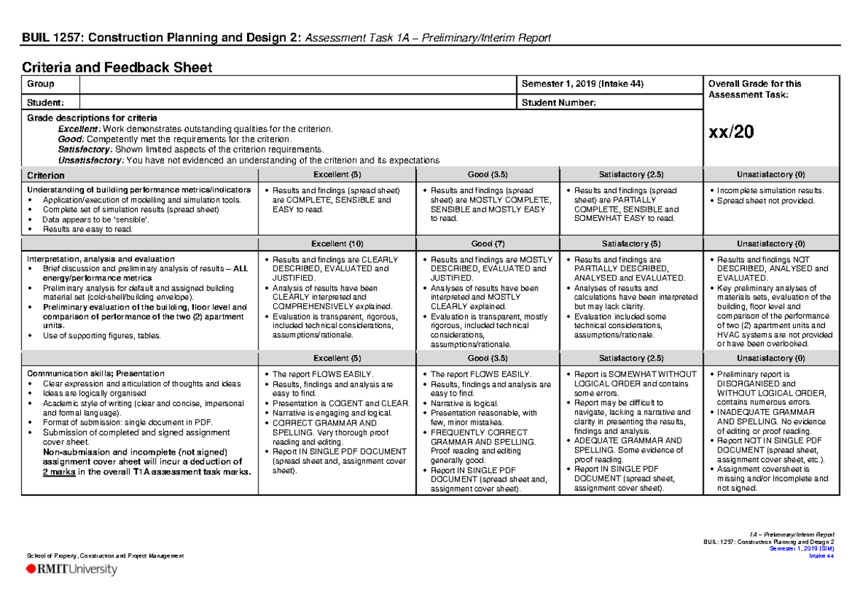BUIL1257 Task 1A-rubrics - School of Property, Construction and Project ...
