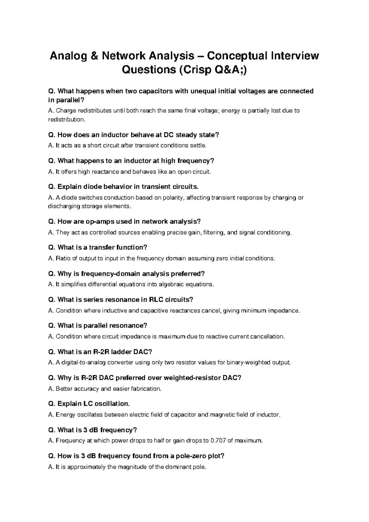 Analog Network Analysis Conceptual Interview Q&A - Studocu