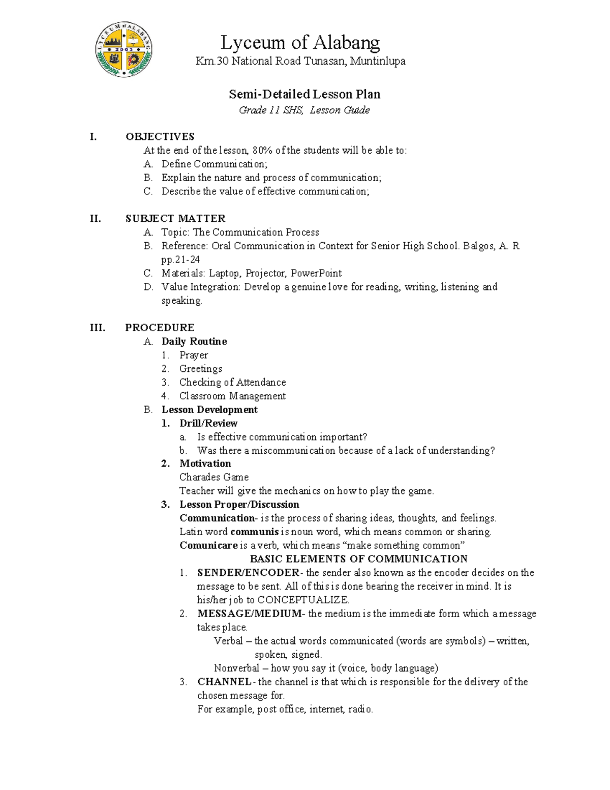 LP Communication Process Lesson Plan for Grade 11 SHS - Studocu