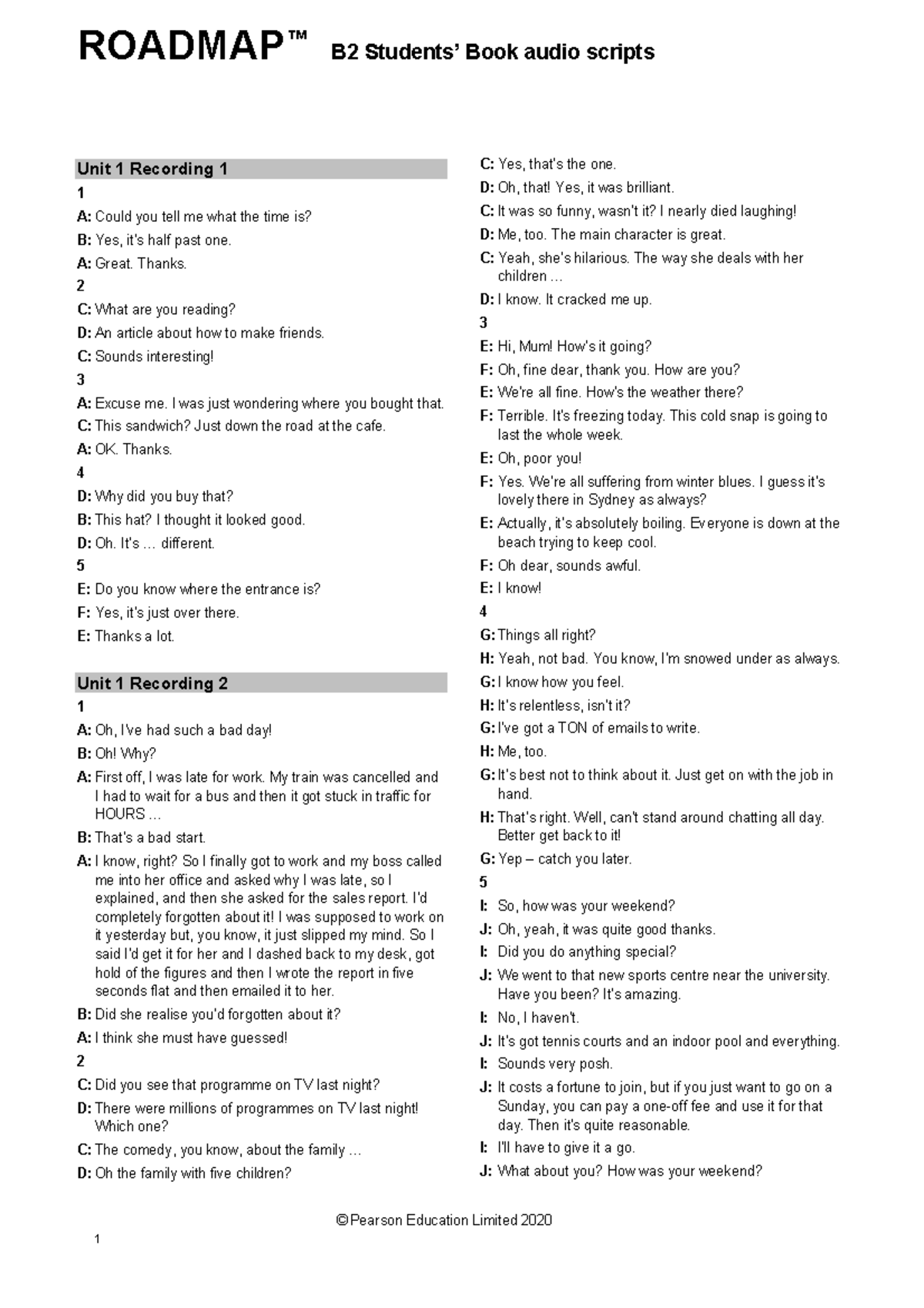 B2 Audio Scripts - Students’ Book Recordings for Unit 1 - Studocu