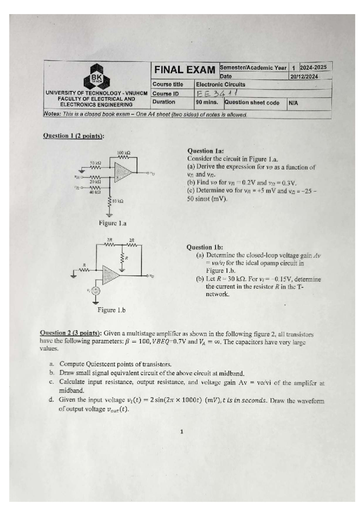 FINAL EXAM EE3411: Electronic Circuits Year 1 BK Notes - Studocu