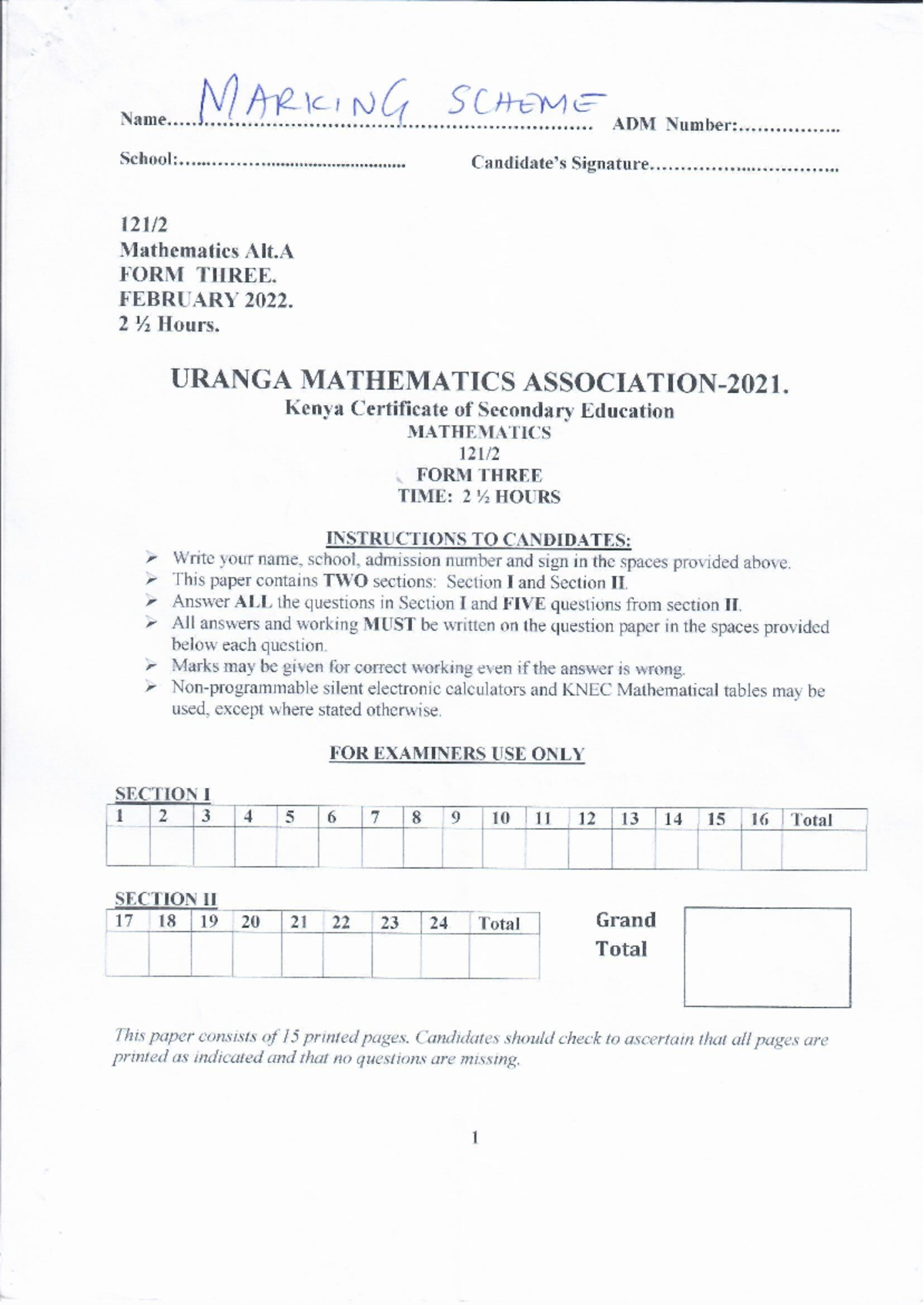 FORM THREE MATHEMATICS P2 MARKING SCHEME - FEB 2022 - Studocu