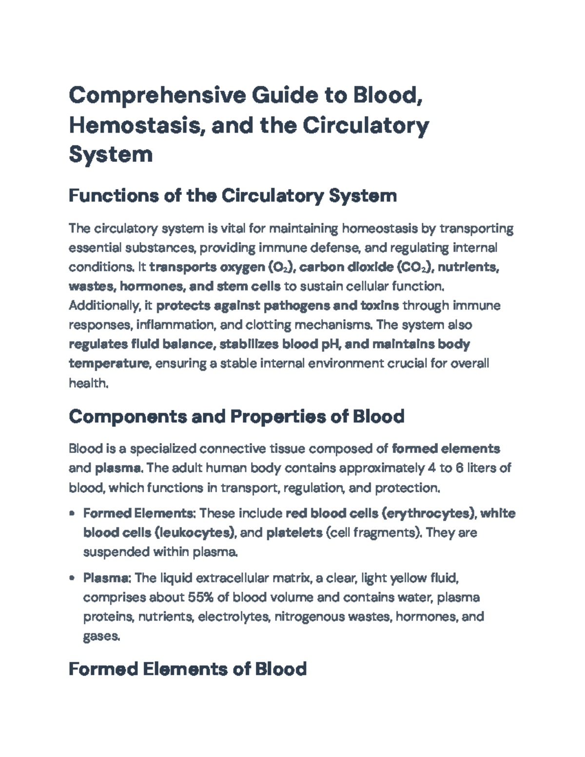 Comprehensive Notes on Blood, Hemostasis, and Circulatory System ...