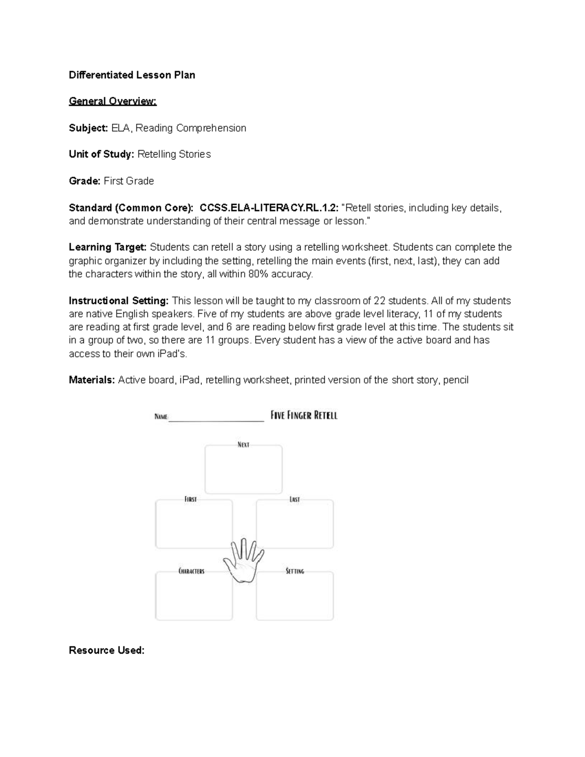 D187 ELA Lesson Plan: Retelling Stories for 1st Grade Students - Studocu