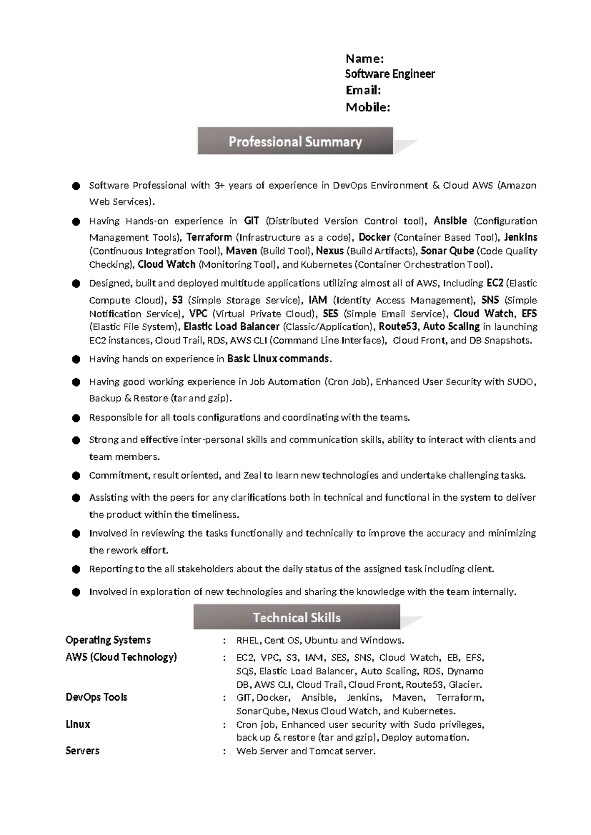DevOps AWS Resume - 3 Years Experience - Software Engineer Profile ...