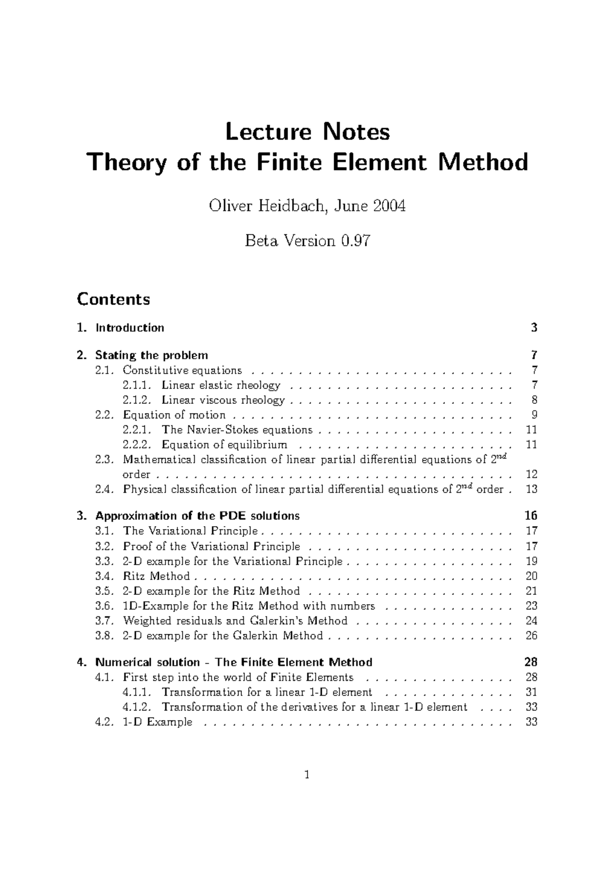 Lecture Notes on the Finite Element Method (FEM) - Oliver Heidbach ...