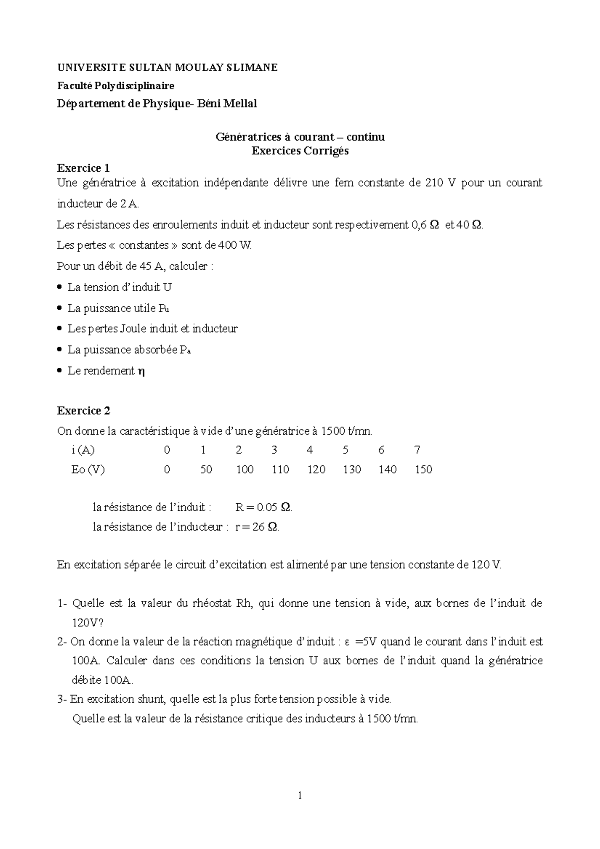 Exercices Corrigés sur les Génératrices CC - Physique 101 - Document Preview