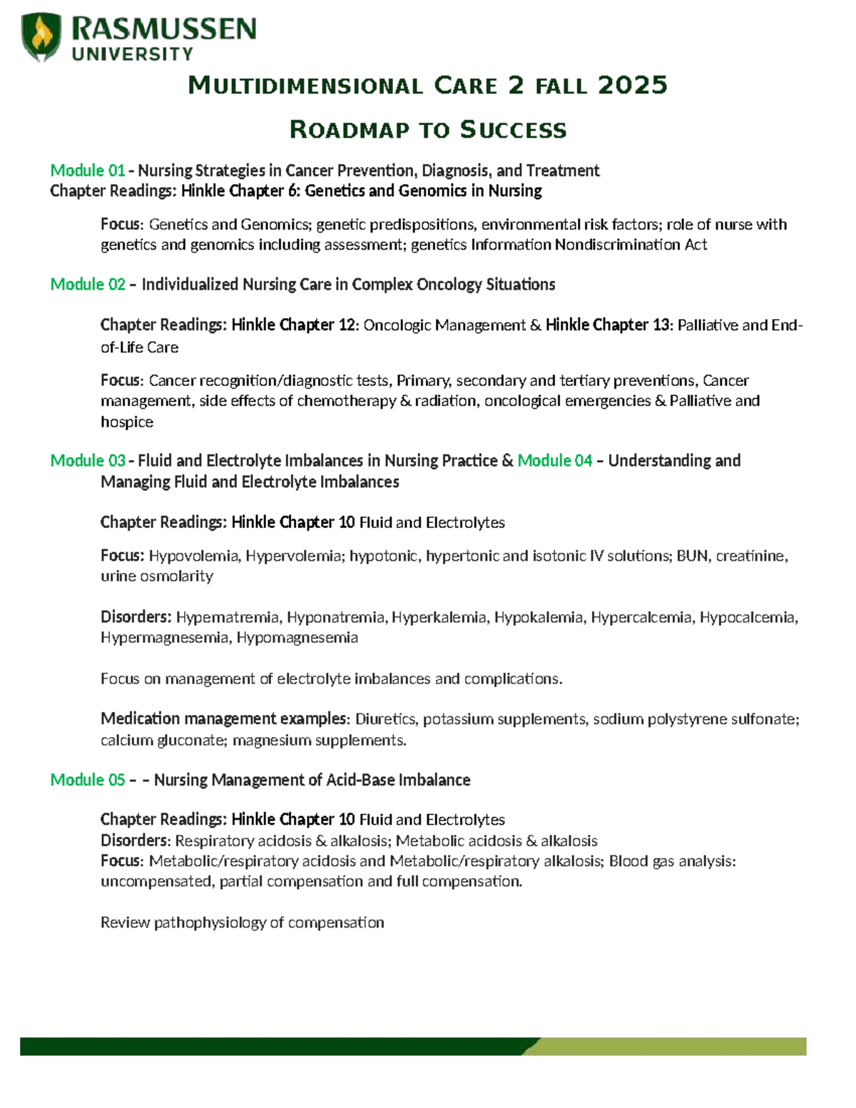 Multidimensional Care II (NURS 202) Fall 2025 Success Roadmap - Studocu
