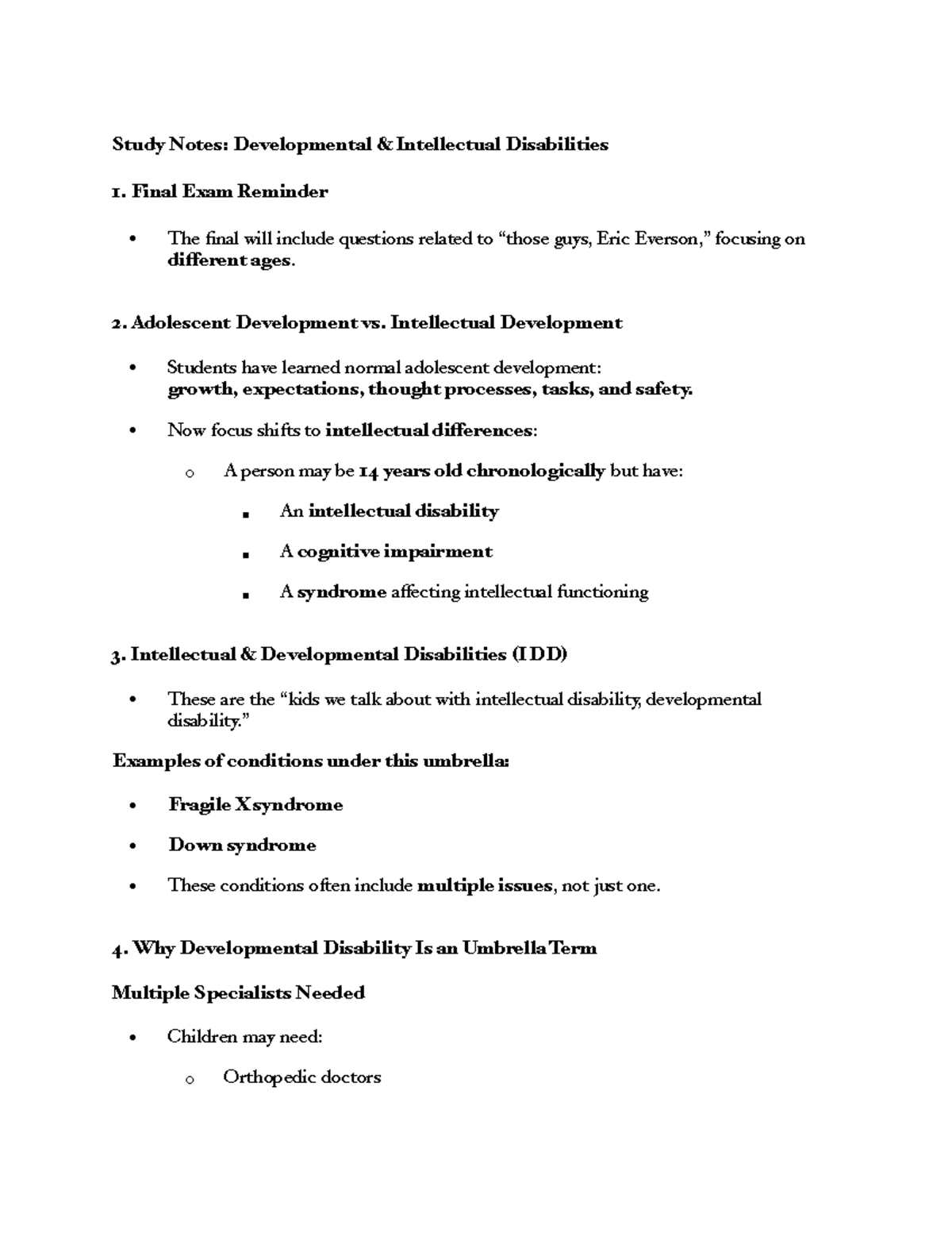 PEDS 101: Final Exam Study Notes on Developmental Disabilities - Studocu