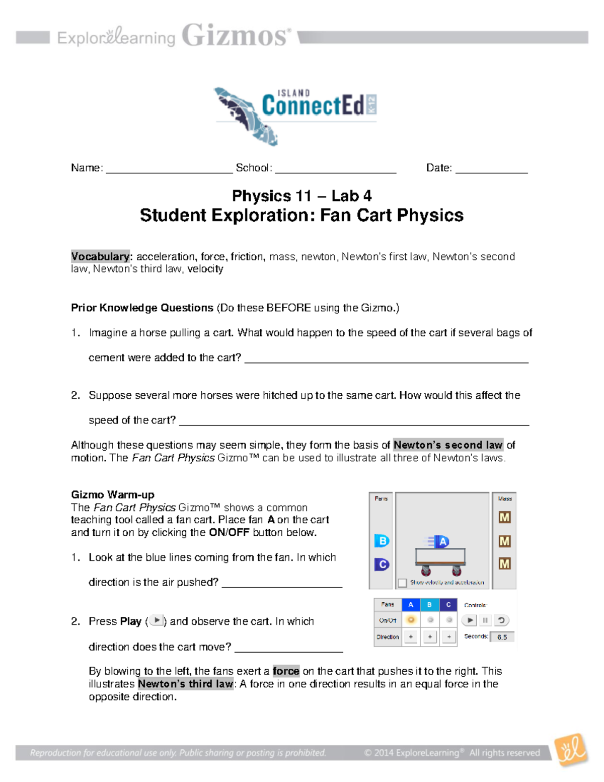 Physics 11 Lab 4: Student Exploration of Fan Cart Physics - Studocu