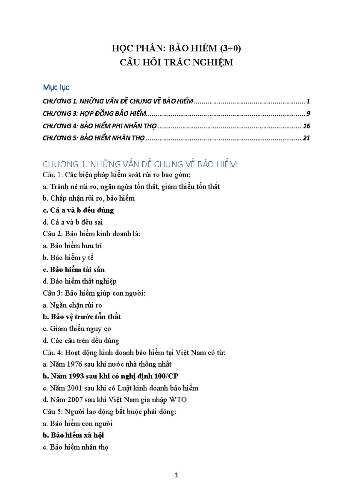 CÂU TRẮC NGHIỆM BẢO HIỂM (HỌC PHẦN: BẢO HIỂM) - ÔN TẬP CHƯƠNG 1 ĐẾN 5 - Document Preview