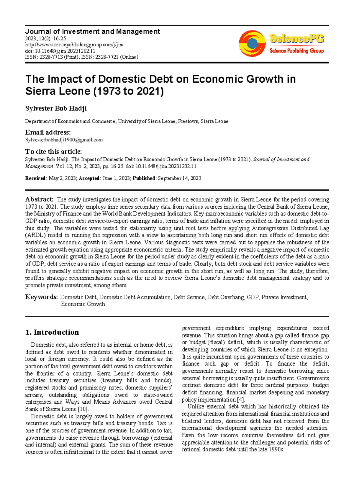 The Impact of Domestic Debt on Economic Growth in SL (1973-2021) - Studocu