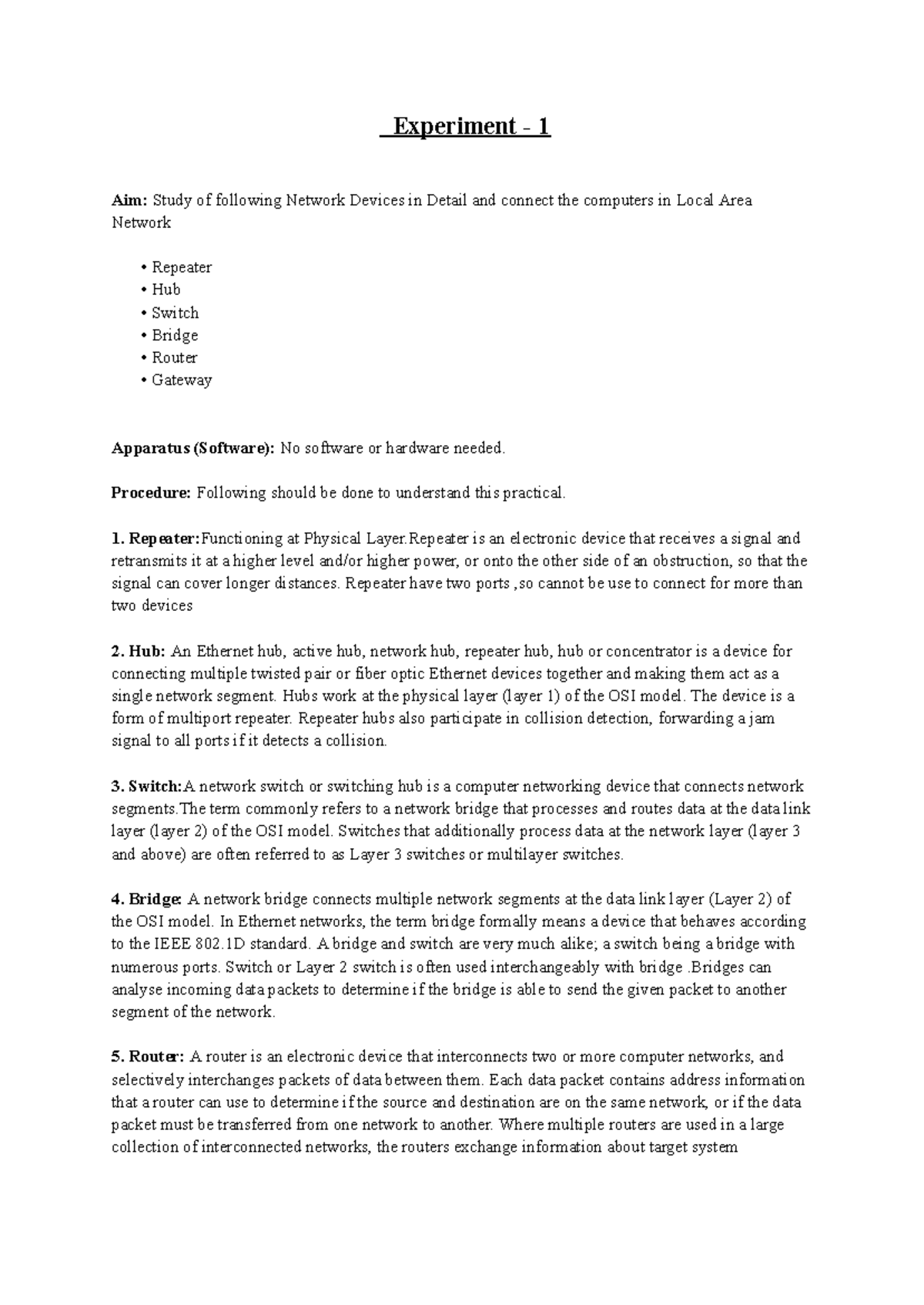 CN lab Manual - Experiment - 1 Aim: Study of following Network Devices ...