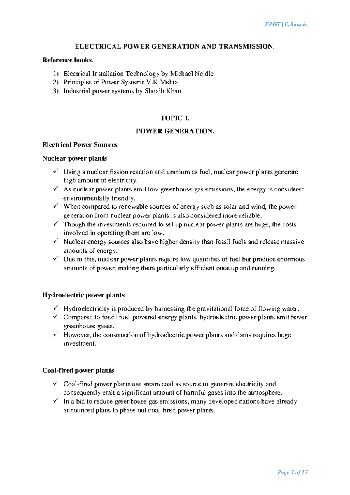 Topic 1: Electrical Power Generation Methods - Comprehensive Overview ...