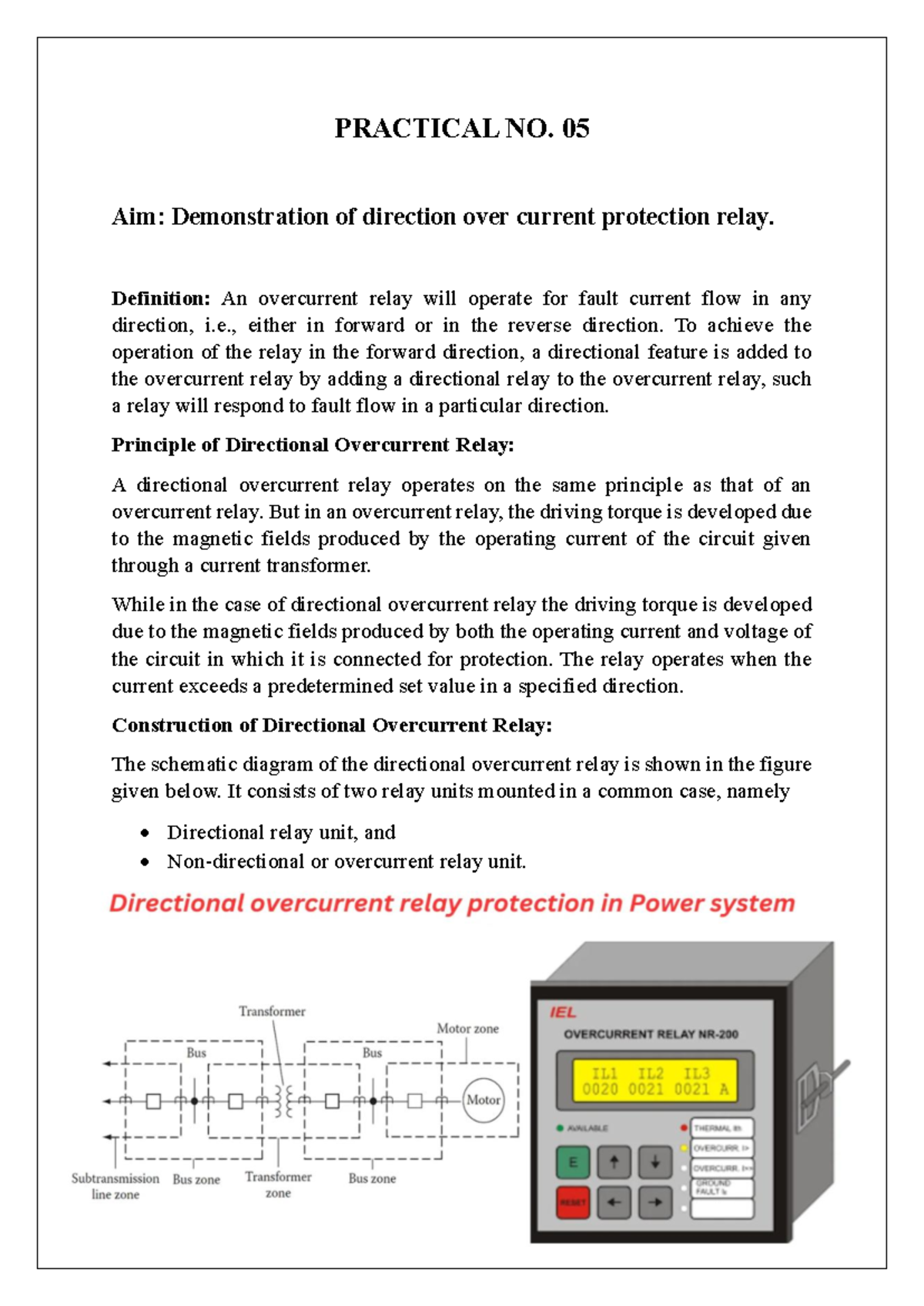 Practical No. 05: Directional Overcurrent Relay Demonstration - Studocu