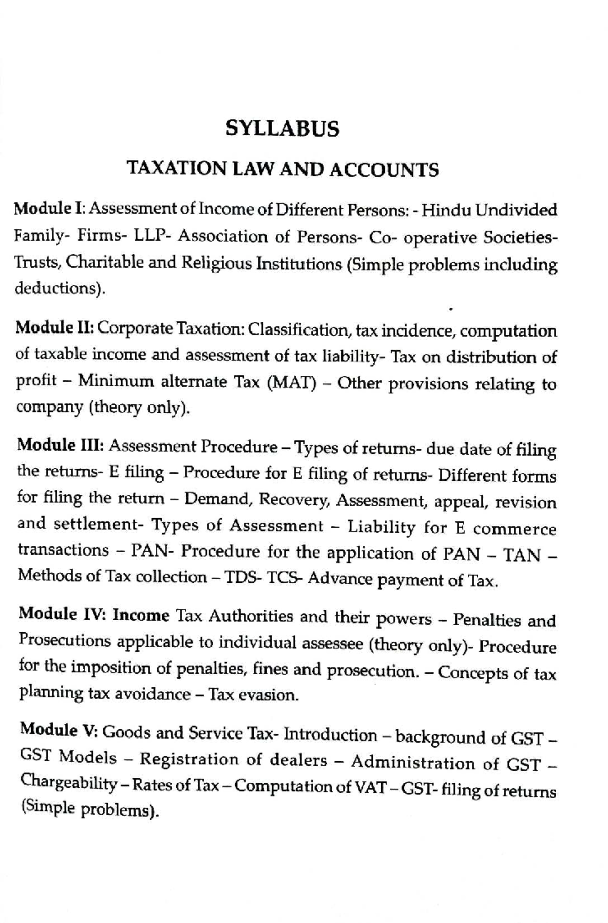 SYLLABUS TAXATION LAW AND ACCOUNTS (3rd Year) - Income Assessment & GST ...