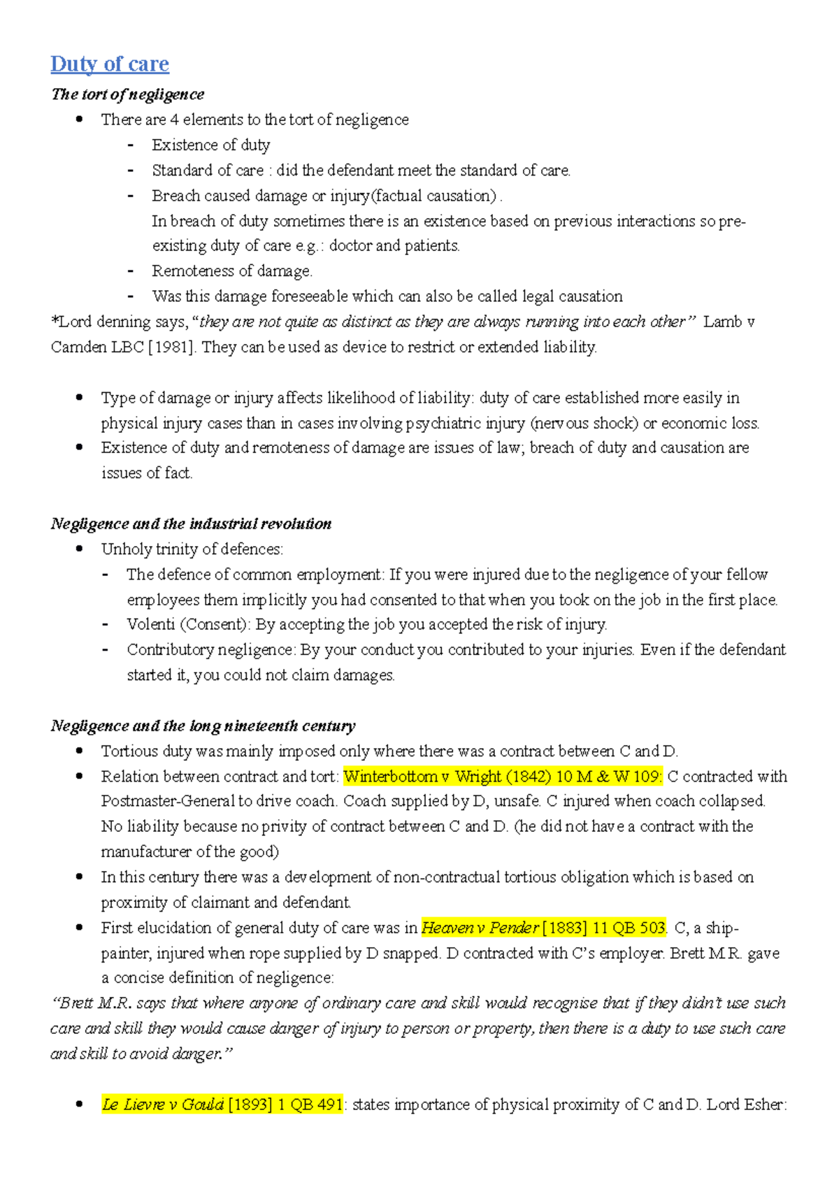 Duty of care - Lecture notes on duty of care and tests applicable ...