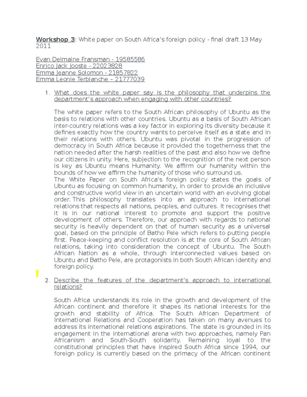 Final Draft: Workshop 3 White Paper on South Africa's Foreign Policy ...