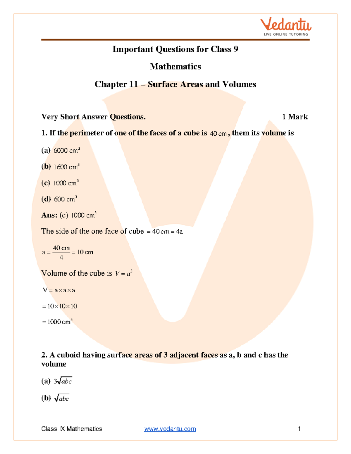 Important Questions for Class 9 Mathematics: Surface Areas & Volumes ...