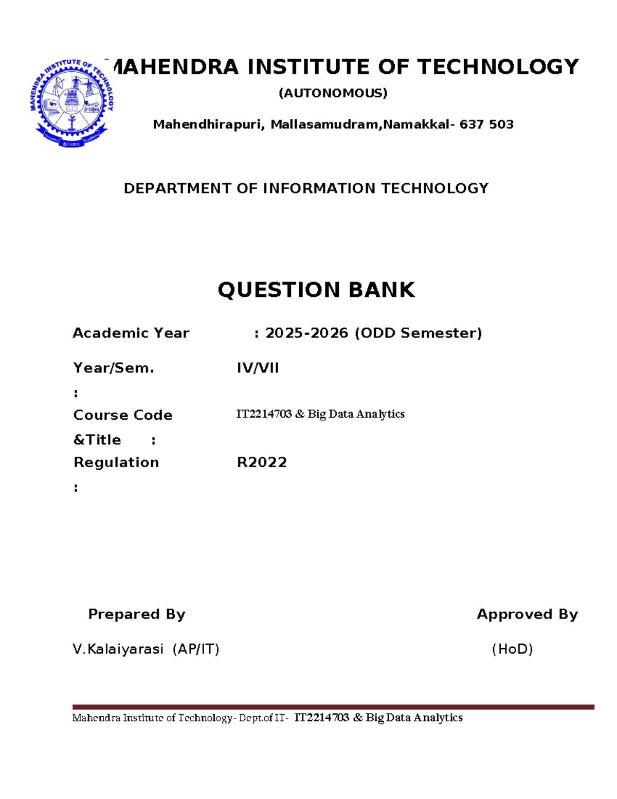 IT2214703 Big Data Analytics Question Bank - ODD Semester 2023 - Studocu