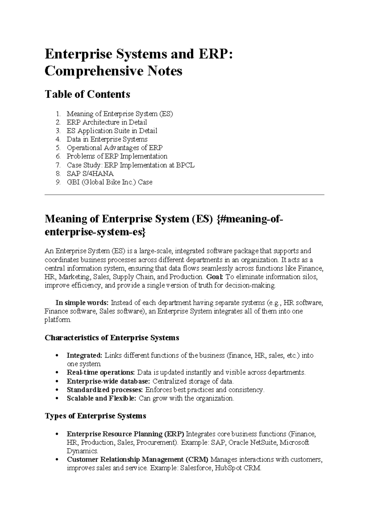 Enterprise Systems and ERP: Comprehensive Study Notes (Course Code ...