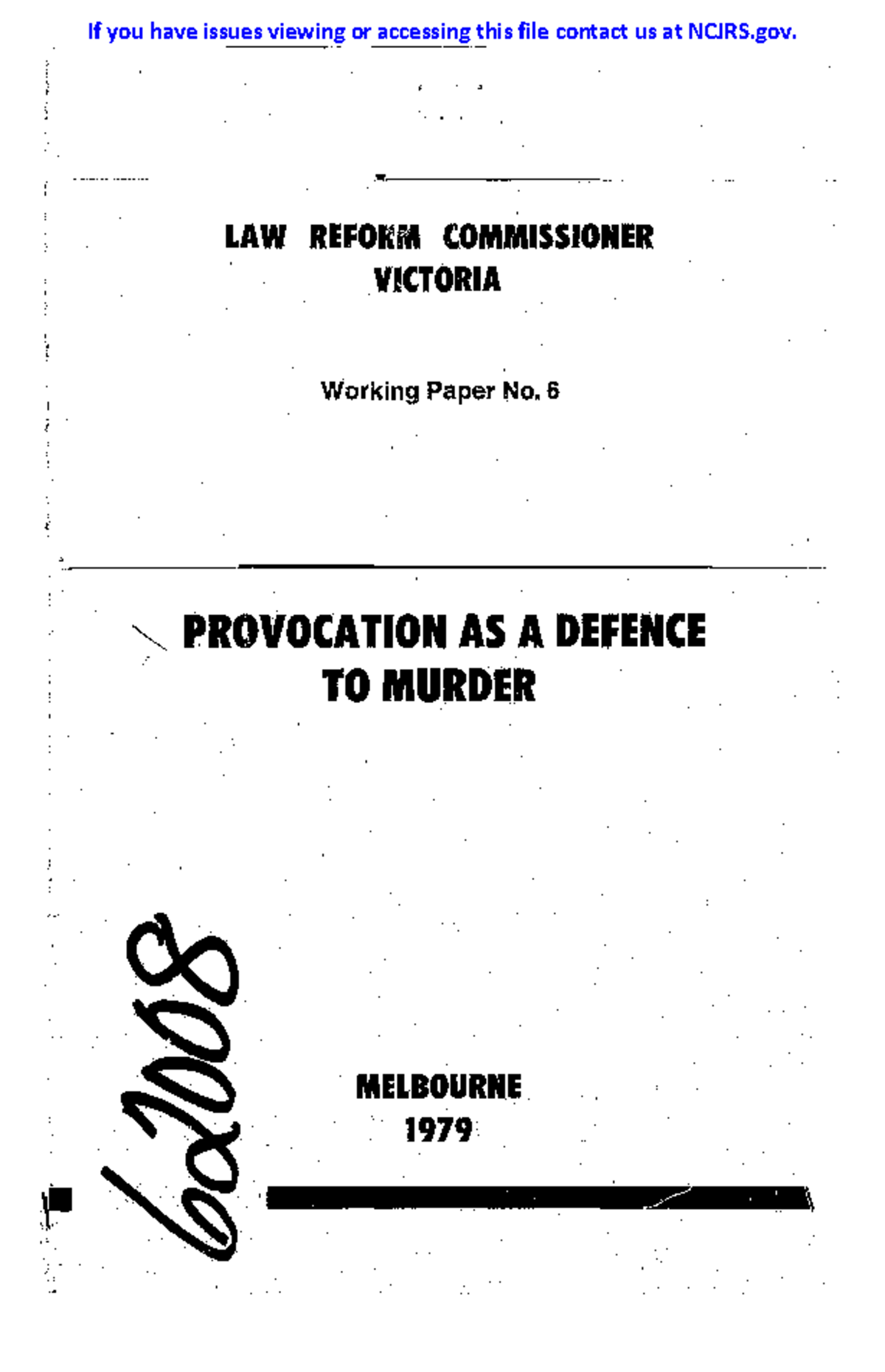 62008 NCJRS - Provocation as a Defence to Murder: Working Paper - Studocu