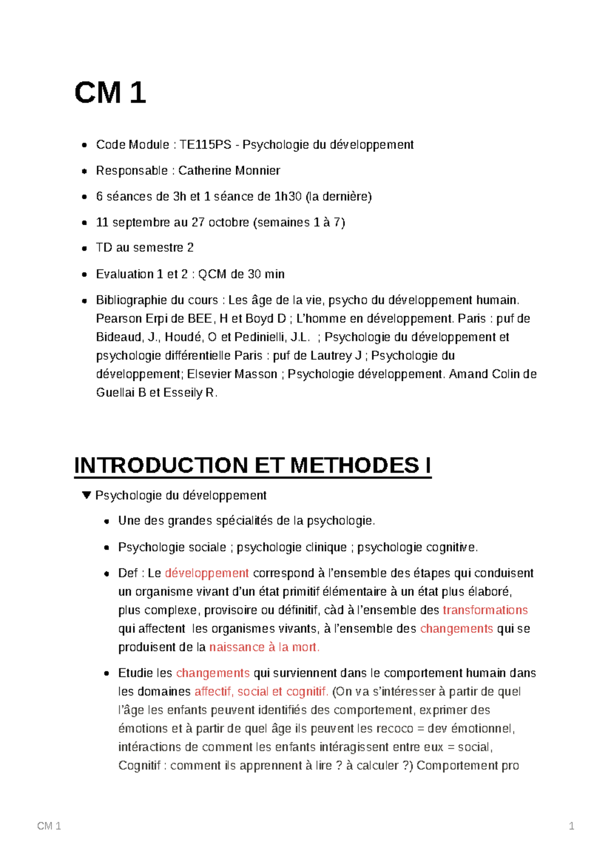 CM1 - Psychologie du Développement : Introduction et Méthodes I - Studocu
