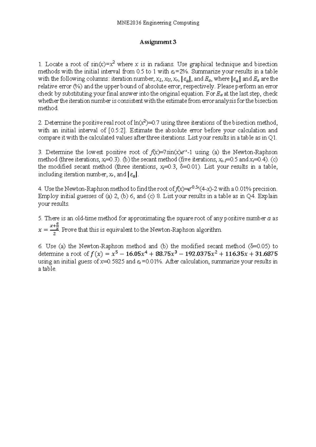 MNE2036 Engineering Computing Assignment 3: Root Finding Methods - Studocu