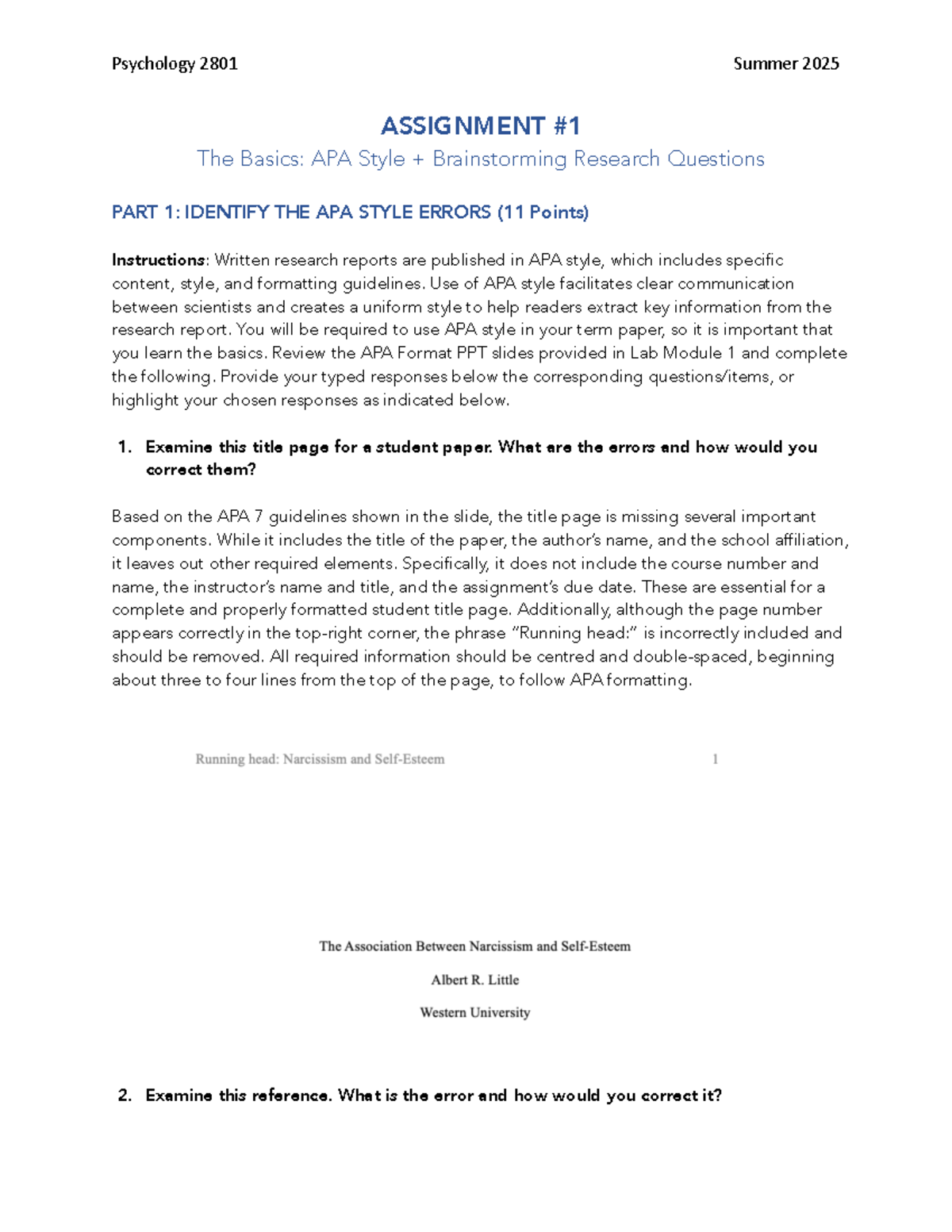 Psych 2801 Summer 2025 Lab Assignment 1: APA Style Errors & Research ...