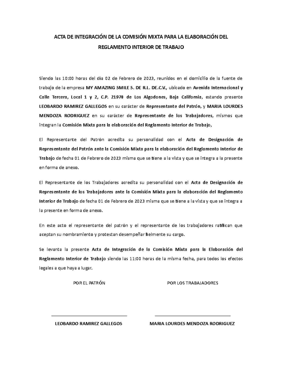 ACTA DE INTEGRACIÓN COMISIÓN MIXTA Reglamento Interior Trabajo - Studocu