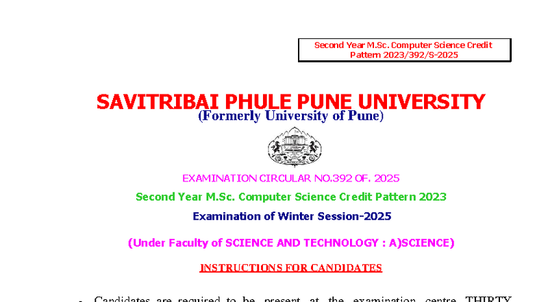 Second Year M.Sc. Computer Science Credit Pattern 2023 Exam Guidelines ...