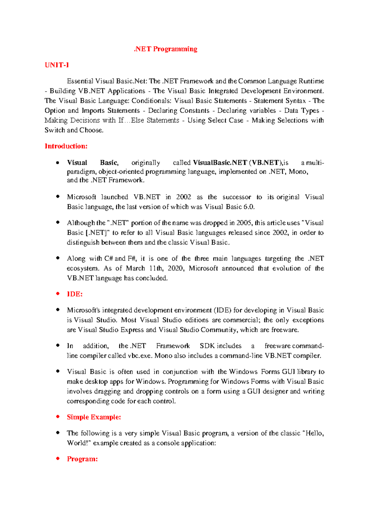 Net Programming Unit -I to Unit - V Material - .NET Programming UNIT-I ...