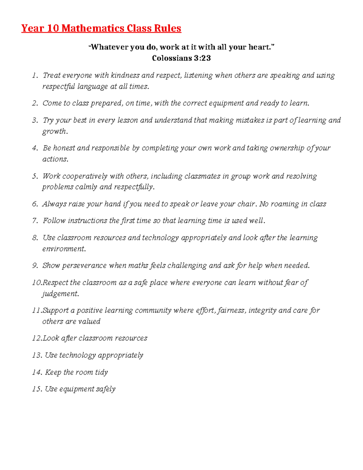 Year 10 Mathematics Class Rules and Expectations - Studocu