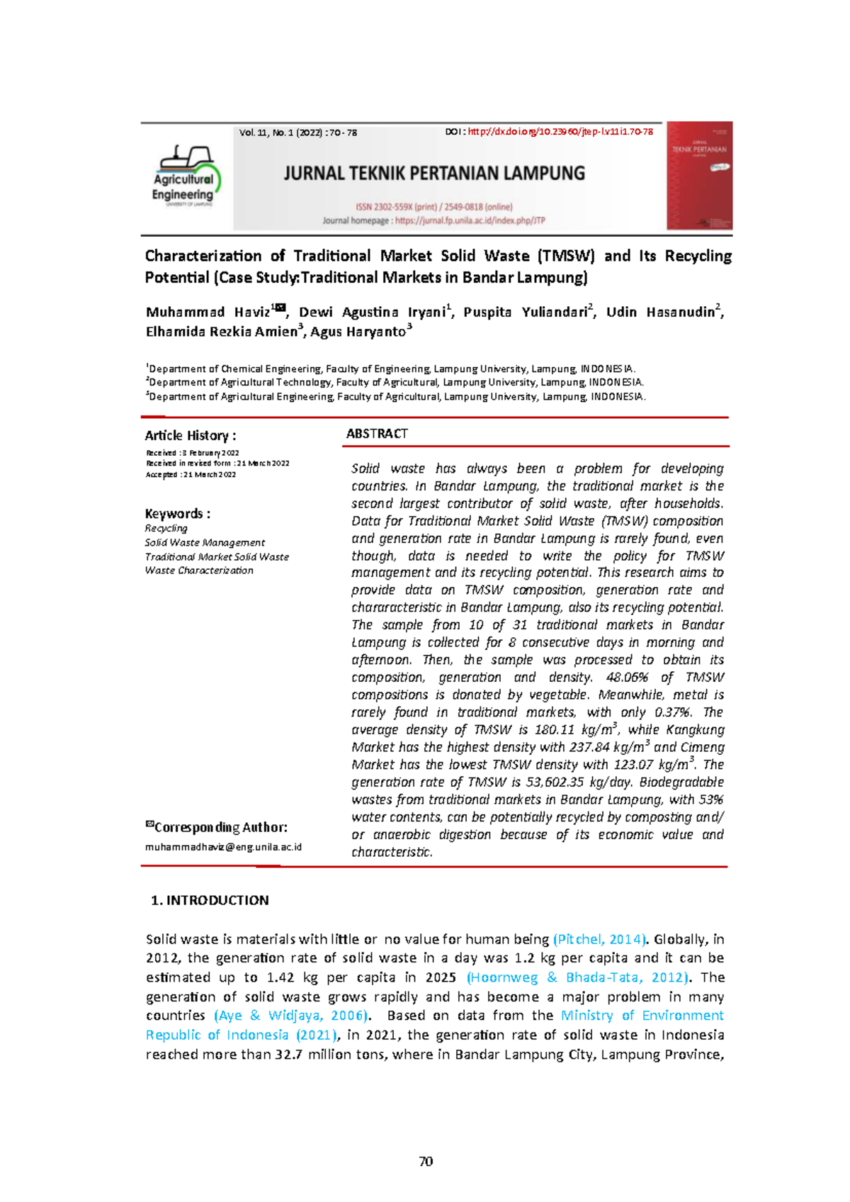 Characterization of TMSW and Recycling Potential in Bandar Lampung ...